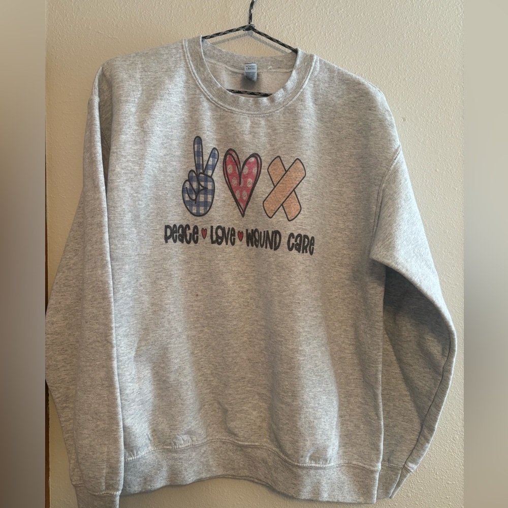 Wound care crewneck grey peace love wound care